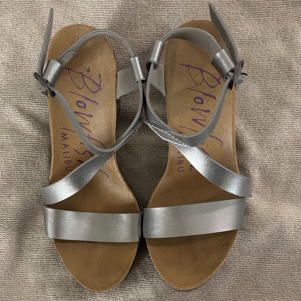 Blowfish Malibu Metallic Silver Leather Side & Ankle-Strap Sandals Cork heel